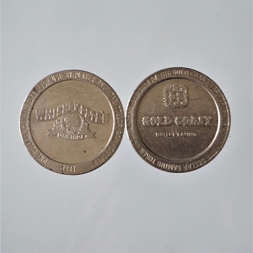 2 One Dollar Las Vegas Casino Gaming Tokens Gold Coast 1987 Whiskey Pete's 1981